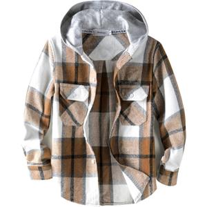 Boys Girls Casual Flannel Plaid Hoodies Fall Fashion Button Down Shirts Long Sleeve Cute Lightweight Jacket Coats (7-8 Years, Dark Khaki Blue)