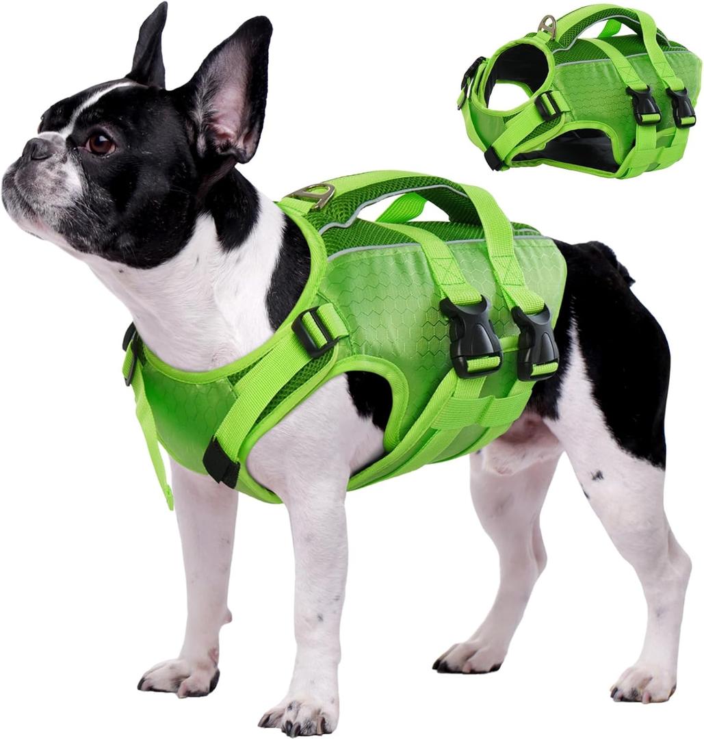Kuoser Dog Life Jacket High Flotation, Reflective Dogs Life Vest for Swimming Boating, Adjustable Small Medium Large Dog lifejacket, Lightweight Dogs Life Preserver Rescue Handle Spring Summer Pool (Medium (Chest Girth:20.5-25.2''), Green)