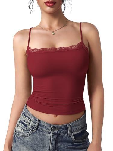 YEOREO Women Lace Cami Y2K Square Neck Double Lined Sexy Strap Tank Top Sleeveless Going Out Party Club Basic Shirt Ankela Red-S