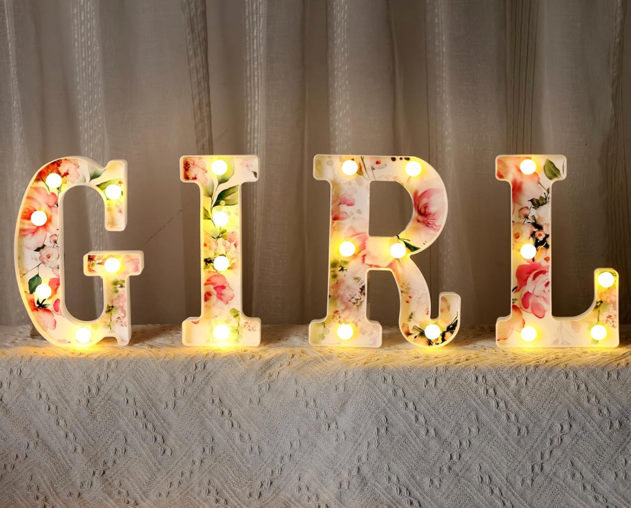 Girl Letters Sign Baby Marquee Light up Letters LED Flower Baby Shower Table Centerpieces Decor for Gender Reveal Birthday Party, 8.26''(Pink,Rose)