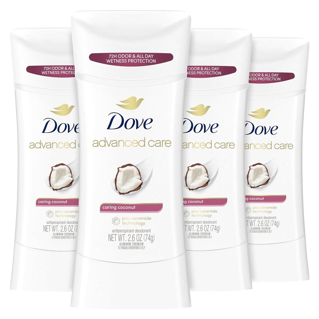Dove Advanced Care Antiperspirant Deodorant Stick Caring Coconut 4 ct for helping your skin barrier repair after shaving 72-hour odor control and sweat protection with Pro-Ceramide Technology 2.6 oz