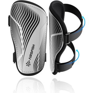 Shin Guards Soccer Kids Youth, CE Certified Airsfish Shin Guard Protection Gear for 2-18 Years Old Boys Girls Teenagers High Impact Resistant Breathable Comfortable 1 Pair 4 Sizes (XX-Small, Light Grey+Black Wave)