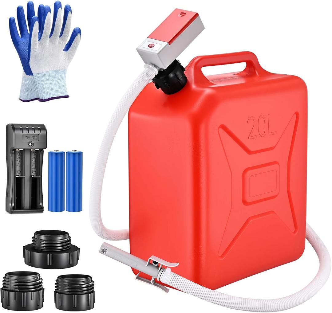Portable fuel transfer pump with automatic shut-off, flow rate 3.8 gallons per minute, 51-inch hose, includes 4 tank adapters, suitable for gasoline, diesel, motor oil, and urea (Red)