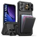 SSLOTSCASE for iPhone 16 Pro Max Case with 2X Screen Protector, Sliding Lens Cover & Kickstand & Credit Card Holder, Military-Grade Protection Rugged Phone Cover for iPhone 16 Pro Max, Black