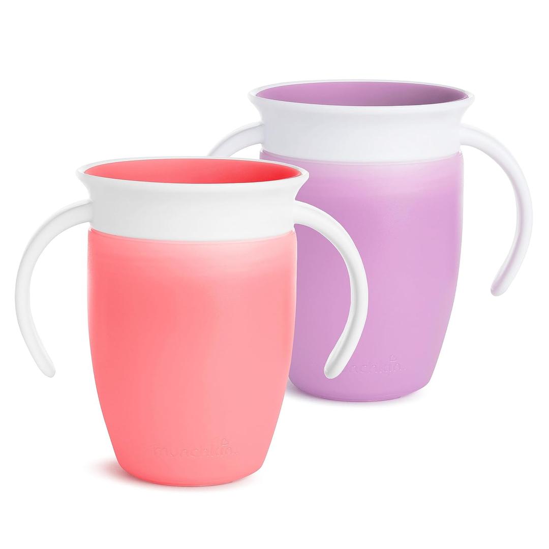 Munchkin Sippy Cup for 6 Month Old and Up, Spill Proof Miracle 360 Toddler Cups with Transition Handles, 7 Ounce, 2 Pack, Pink/Purple