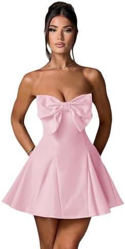 JUMISEE Women's Elegant Bow Strapless Homecoming Dress A Line Swing Tube Mini Dress Short Evening Party Prom Dress, Pink, XS