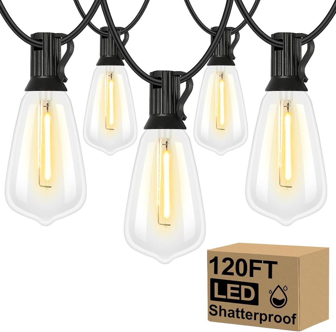 Brightever 120FT Outdoor String Lights Waterproof, 2700K Bright LED Patio Lights with 62 ST38 Shatterproof Vintage Bulbs, Retro Connectable Edison String Lights for Outside, Garden, Balcony, Porch (120FT-Warm White, Black Wire)