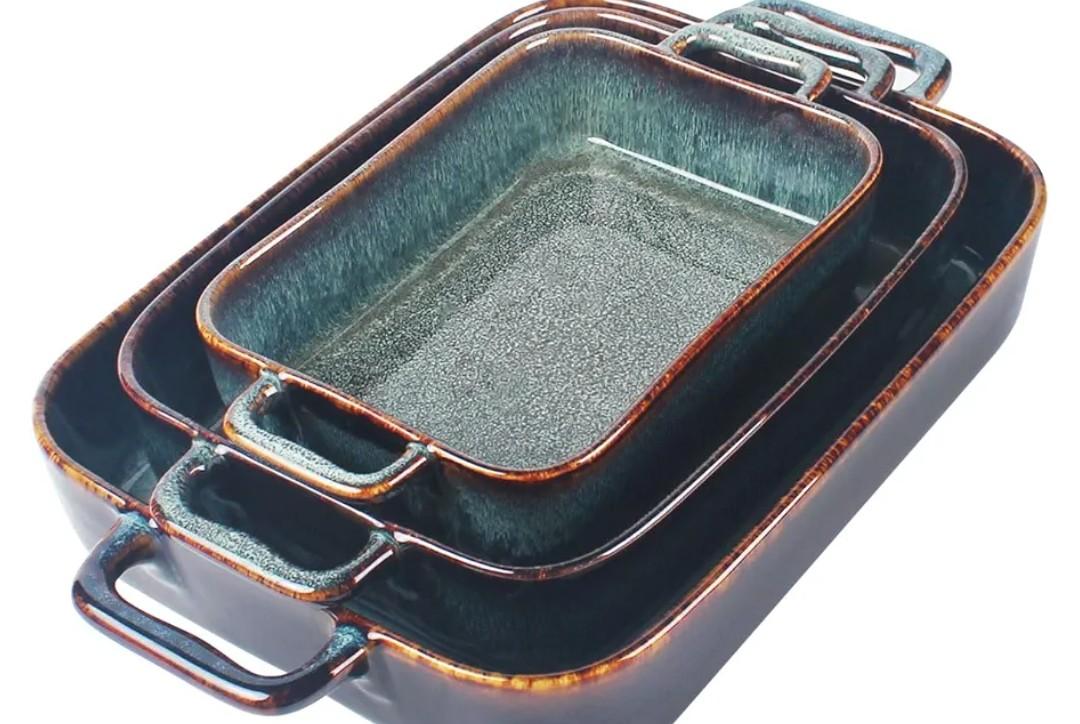 Baking Dish Ceramic Baking Dish、Rectangular Baking Pans Set、Double handles Suitable for lasagna、Baking、Oven 12.8IN、10.8IN、8.9IN Reactive Glaze 3-Piece