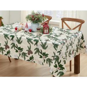 Newbridge Joyful Holly Rustic Christmas Vinyl Tablecloth with Flannel Backing, Holiday Dining Table Cover, Winter Holly & Berries, 52 x 52 Inch Square