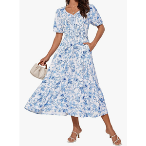 GRACE KARIN 2025 Women's Summer Floral Flowy A Line Midi Dresses Elegant Short Sleeve Smocked V-Neck Tiered Dresses M