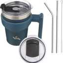 10 oz Tumbler with Handle and 2 Straw 2 Lid, Insulated Water Bottle Stainless Steel Vacuum Cup Reusable Travel Mug, Navy Blue