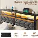 Seventable Bed Frame Twin Size with Charging Station, LED Bed with Upholstered Storage Headboard, Metal Platform Bed with Under Bed Storage, No Box Spring Needed, Noise Free, Easy Assembly, Grey