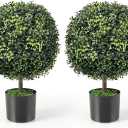 Goplus 22” Artificial Boxwood Topiary Ball Tree, Set of 2 Faux Potted Plants Artificial Shrubs Bushes with Cement Pot, Fake Evergreen Artificial Topiary for Indoor Outdoor Home Front Porch Decor 