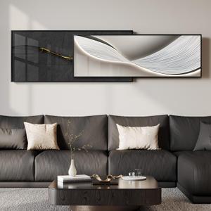 Extra Large Framed Modern Abstract Wall Art for Living Room, Set of 2 Long Horizontal Prints Paintings, Minimalist Black and White Pictures for Hallway Bedroom Dining Room Office Wall Decor