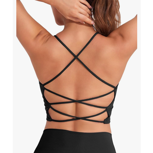 DaiLiWei Strappy Sports Bras for Women High Support Longline Open Back Workout Tops Padded Cross Yoga Crop Tank Built in Bra L