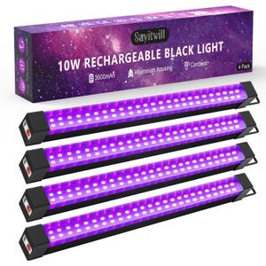 Rechargeable Black Light Bar 4 Packs, Battery Powered Black Lights for Glow Party, Cordless UV Strip Lights with On/Off/Dimma/Flash Switch, for Neon, Uranium Glass, Classroom, Paint, Poster, Stage