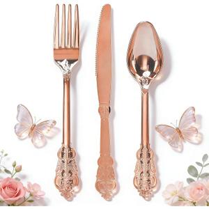 WDF-300 Pieces Rose Gold Plastic Silverware- Disposable Flatware -Heavyweight Plastic Cutlery- Includes 100 Forks, 100 Spoons, 100 Knives for Wedding/Parties/Mother's Day