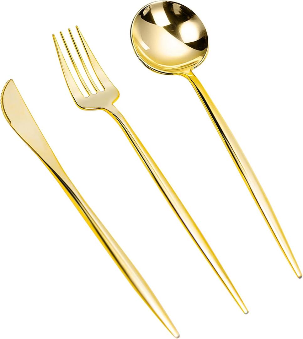 LULLABY 300PCS Gold Plastic Silverware, Heavy Duty Disposable Utensils, Gold Plastic Cutlery Set Include 100 Forks, 100 Spoons, 100 Knives, Perfect Flatware for Party Wedding and Daily Use