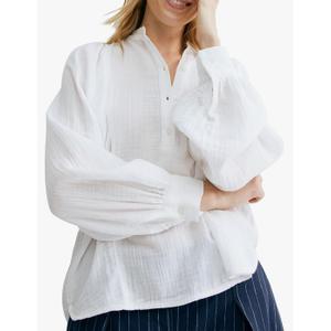 Womens White Ruffle Trim Muslin Blouse Long Raglan Balloon Sleeves Casual Button Tops, Size M