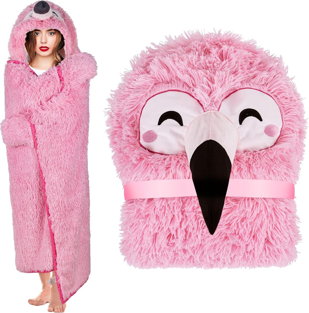 Flamingo Wearable Hooded Blanket for Adults - Fluffy Super Soft Shaggy Faux Fur, Fuzzy Warm Cozy Plush Furry Fleece & Sherpa Hoodie Throw Cloak Wrap - Flamingo Gifts for Women Adults and Kids
