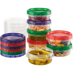 Twist Top Food Storage Containers 8 oz 12 Pack Plastic Freezer Storage Containers Leakproof Reusable with Screw on Colored Lids (12)