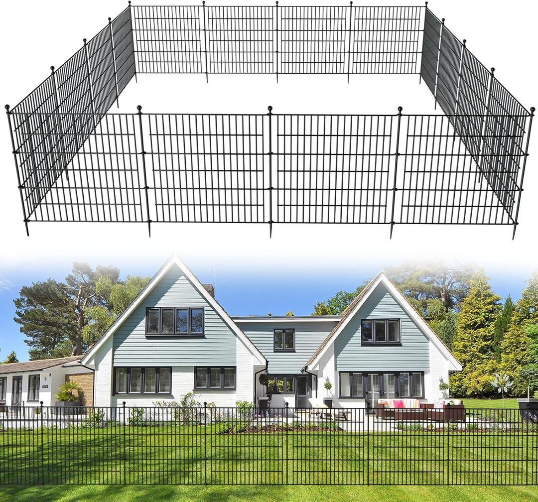 15 Panels No Dig Decorative Outdoor Garden Fence for Yard, 32  X 28  Animal Barrier Fencing Rustproof Metal Wire Panel Border for Dog, Rabbits, and Patio Temporary Ground Stakes
