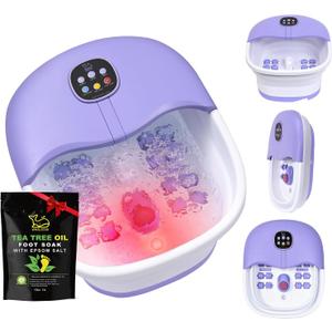 Collapsible Foot Spa Bath Massager with Heat Bubbles and Vibration Massage and Jets, 16OZ Tea Tree Oil Foot Soak Epsom Salt, WHALSTAR Foot Bath Bucket With Red Light & Remote (Purple)