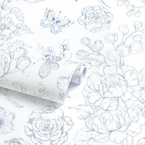 CiCiwind Floral Peel and Stick Wallpaper White and Blue Boho Contact Paper Modern Self Adhesive Removable Wall Paper for Bathroom Bedroom Living Room Decoration Butterfly Stick on Wallpaper 197”×17.3”