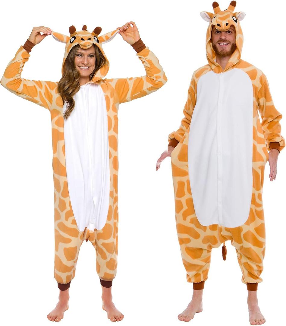 Funziez! Adult Onesie Halloween Costume Animal Dinosaur Shark Unisex Plush One Piece Cosplay Suit for Adults, Men and Women (Giraffe)