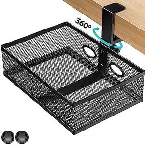Pulchrum Under Desk Drawer Organizer Clamp On - 360° Swivel Metal Mesh Storage Basket, Hidden Rotating Desktop Tray for Standing Desk, Office Supplies & Gaming (No Drill, Black)