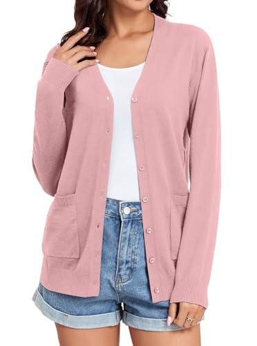 TASAMO Women's Button Down V Neck Long Sleeve Soft Knit Cardigan Sweaters A- Pink M