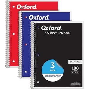 Oxford Spiral Notebooks, 3 Pack, 5 Subject, College Ruled Notebooks for School, 8 x 10.5 Inches, 180 Sheets, 4 Dividers, Assorted Colors, Back to School Supplies (65203)