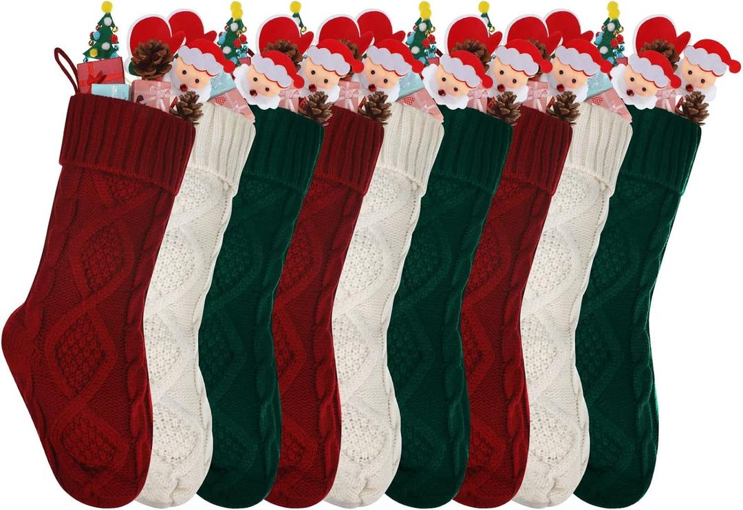 9 Pcs Christmas Stockings Classic Knitted Stockings Rustic Candy Stockings Cable Knit Stockings Xmas Tree Hanging Ornaments for Holiday Fireplace Home Decor (Green, Red, Ivory, Large/ 18 Inch)