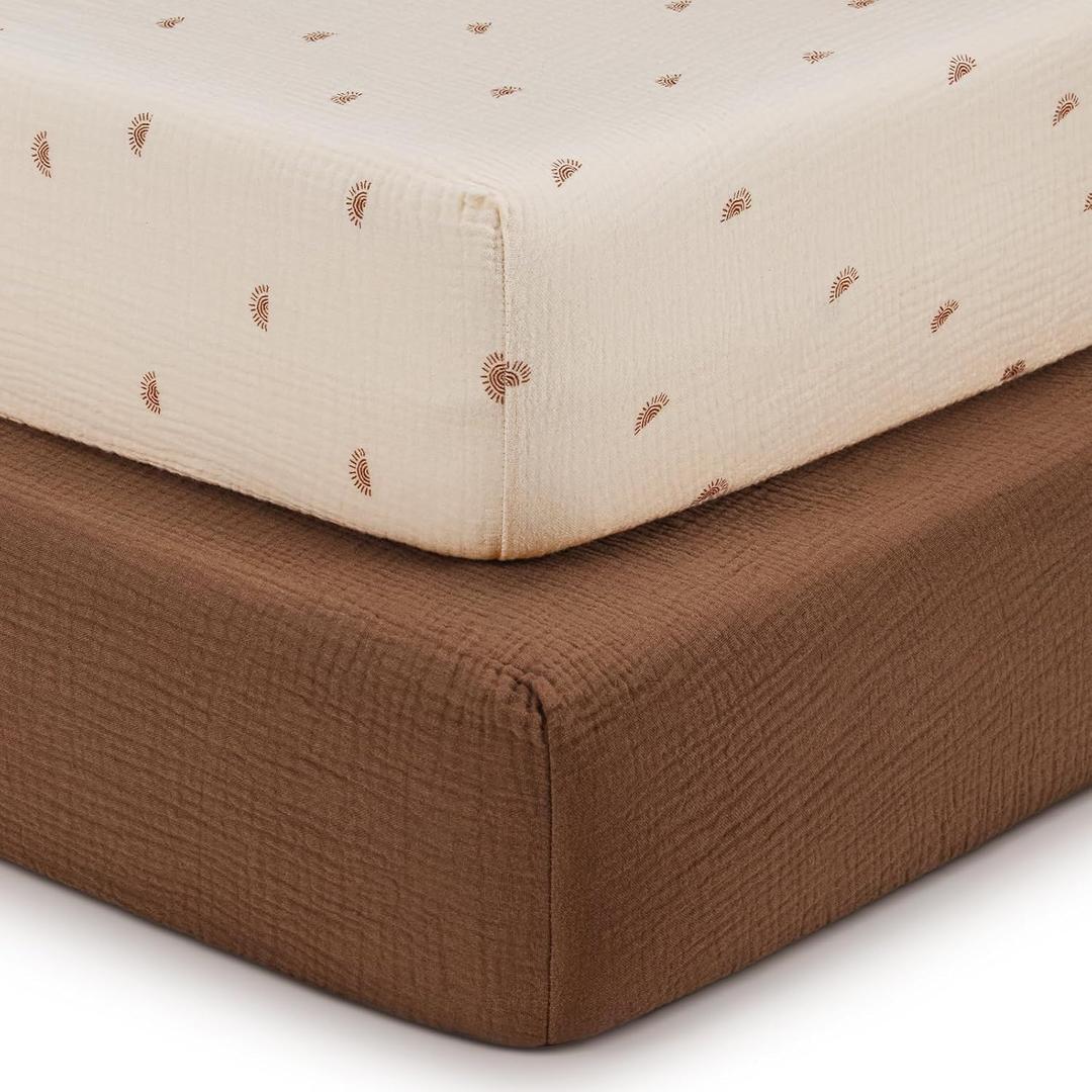 Blissful Diary Muslin Crib Sheets for Girl Boy, Boho Neutral Soft Cotton Baby Sheet for 52''x28'' Standard Crib Mattress, 2 Pack(Sunshine&Brown)