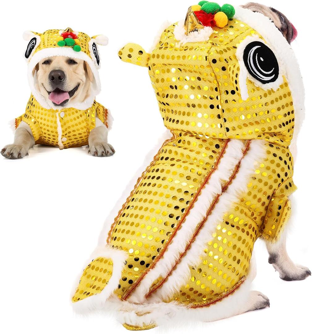 LEIFIDE Lion Dance Dog Costume Chinese New Year Pet Costume with Sequins Chinese Lion Dance Cloth Dog Clothes Hoodies Coat for pet New Year Spring Festival Dress up(Large,Gold)