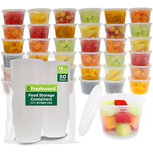 Freshware Food Storage Containers [50 Set] 16 oz Plastic Deli Containers with Lids, Slime, Soup, Meal Prep Containers | BPA Free | Stackable | Leakproof | Microwave/Dishwasher/Freezer Safe