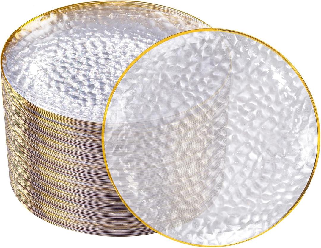 DaYammi 100 Pcs Gold Plastic Plates - 10 inch Clear Gold Dinner Plates Plastic Plates Disposable - Hammer Pattern Design - Fancy Disposable Plate - Heavy Duty Party Plate Ideal for Wedding