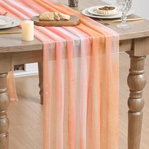 Artoid Mode Boho Orange Stripes Fall Thanksgiving Chiffon Table Runner 120 Inches 10FT,Seasonal Fabric Kitchen Dining Holiday Table Decor for Home Party