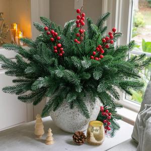 Ivydale 15Pcs Faux Pine Branches Norfolk Stem for Christmas Decoration, Artificial Greenery Plants Pine Needles with Red Berries for Table DIY Home Winter Indoor Vase Real Touch Christmas Decorations