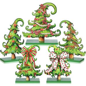 Pinkunn 5 Pcs Whimsical Christmas Table Decorations Wooden Lime Green Christmas Tree Table Centerpieces Lime Green Xmas Tree Wood Sign for Home Tabletop Ornament Holiday Xma Party Tiered Tray Decor