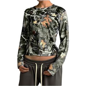 Camo Long Sleeve Crop Tops for Women Fitted Fall Outfit Camouflage Shirt Going Out Tshirt (Green, L)