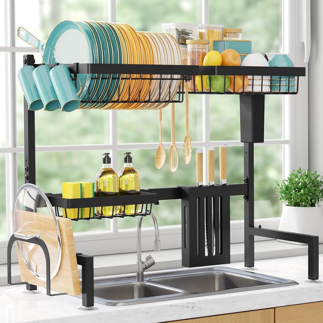 Over The Sink Dish Drying Rack - Adjustable 2 Tier Large Capacity Stainless Steel Drainer with Cutlery & Utensil Holders, Kitchen Storage & Organization, 30"-33.9" L x 11" W x 21.5" H, Black Over The Sink Dish Drying Rack - Adjustable 2 Tier Large Capacity Stainless Steel Drainer with Cutlery & Utensil Holders, Kitchen Storage & Organization, 30"-33.9" L x 11" W x 21.5" H, Black