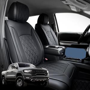 Super Cover for Dodge Ram Front Seat Covers 2009-2025 2026 1500/2500/3500 Pickup Truck for Dodge Ram Leather Seats Covers Crew Mega Cab Waterproof Leather Car Seat Accessories(Front Seat, Black)