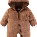 Newborn Baby Bear Outfit With Fold-Over Mittens and Footies Girls Boys Winter Fleece Clothes Hooded Romper Snowsuit (0-3 Months, Brown)