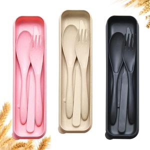 Reusable Travel Utensils Set with Case, 3 Sets Wheat Straw Portable Knife Fork Spoons Cutlery, Eco-Friendly BPA Free Plastic Tableware for Kids Adults Travel Picnic Camping Utensils (3 Sets - Beige, Pink, Black)