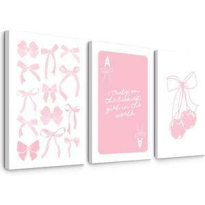 Coquette Wall Decor Pink Bow Wall Art Girl Room Canvas Posters Preppy Aesthetic Wall Decor Pictures Trendy Pink Wall Art Coquette Cherry Print for Girly Room Bedroom 12x16 Inch Framed Set of 3