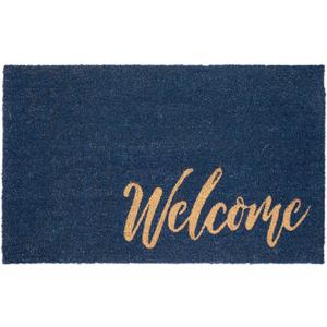 mDesign Non-Slip Rectangular Coir and Rubber Entryway Welcome Doormat with Natural Fibers for Indoor or Outdoor Use - Decorative Script Design - Navy Blue/Natural