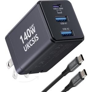 140W USB C Charger Block - UKCSIS 3-Port GaN Fast Chargers, Foldable USB C Wall Charger, Compact 100W Laptop Adapter, for MacBook Pro/Air, iPad Pro, Galaxy, iPhone Series, Black (4FT)