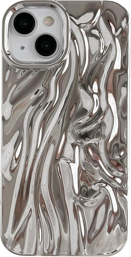 Caseative for iPhone 13 Case, Silver | Pleated Water Ripple Chrome Wave Pattern Soft