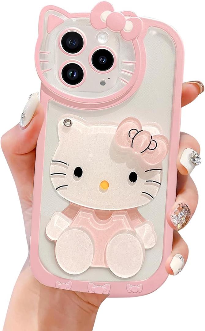 Cute Kawaii Cartoon Phone Case for iPhone 17 Built-in Makeup Mirror for Women Girls, Soft Silicone Transparent Protective Phone Case for iPhone 17 6.3 Inch, Pink